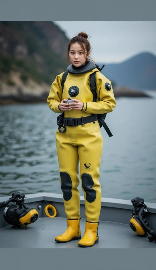 A documentary photo, Photo-realistic, ultra-realistic, (Japanese beautiful young woman, famous Japanese idol, boyish cool face:1.3), wetlook rubberish yellow clothes,, she is a military diver of Japan navy, experienced military diver, wearing a professional wetsuits for military diver with professional scuba equipment, She is on a shlre, She is preparing to scuba dive for a lifesaving mission, there is a large battle ship behind her,, Natural Makeup, boyish face ,Front View:1.21, Perfect Anatomy:1.21, Small head:1.21, Slender body:1.37, Narrow waist:1.5, Thin limbs:1.5, Flat Chest:1.5, Anatomically correct limbs, Diving Suits drysuits (high smooth turtleneck collar), Fully equipped for diving, Very cute Japanese woman, Brown Hair, Chignon Hair, woman holds oval scuba mask, Calm sea in qinter, Dynamic and emotional movie lighting, 