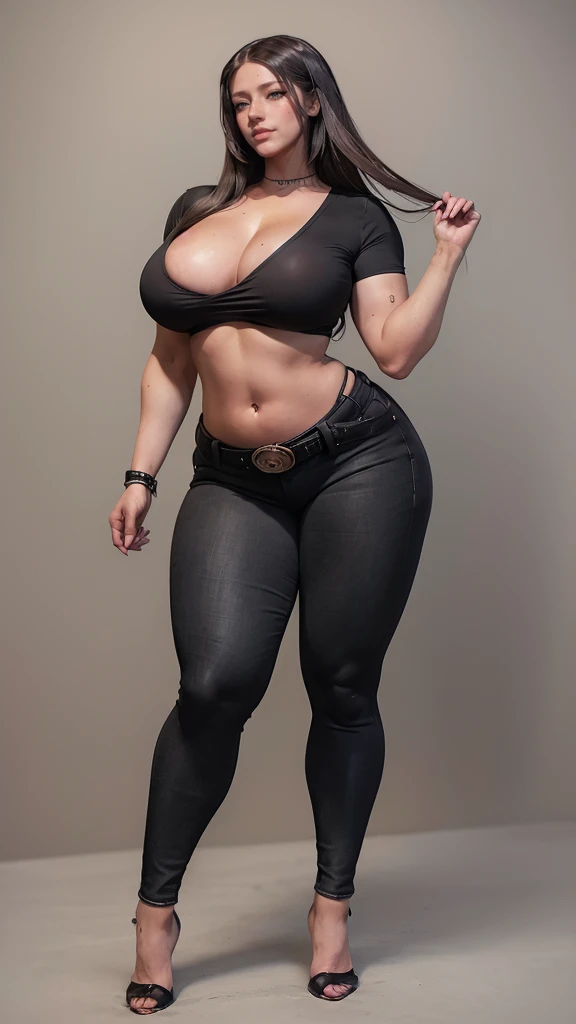 viessa,((beautiful prostitute))),( sagging huge long wide heavy breasts),blank background, (((full body))), (masterpiece), ((best quality)), ((tall girl)), straight hair (curvy:1.5), (punk girl), shoes, belt below navel, black hair, wide hips, (black jeans), (short sleeves), arm tattoo

