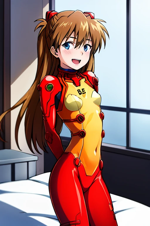 One girl,Long Hair, Completely naked ,Soryu Asuka Langley,Pilot Suit,Braces,Bedroom,blue eyes,smile,chest,bangs,alone,Cowboy Shot,:d,Hair between the eyes,gloves,(red bodysuit:1.5), Big Tits, View your viewers,headgear,Both sides up,Hands on hips,skinny,Style your hair,Tight waist,Are standing,Brown Hair,sf,Raise your hand,Shiny clothes,hair ornaments,Happy,From the side,Shiny,Fits perfectly to the skin,