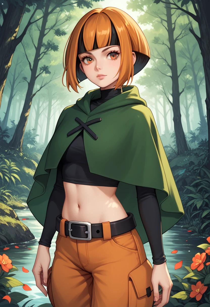 pokemongardenia, black hair, bob cut, multicolored hair, orange eyes, orange hair, petals, short hair, two-tone hair,belt, belt buckle, buckle, capelet, cargo shorts, midriff, navel, shorts, undershirt, long sleeves, green capelet, black undershirt, outdoor, flower forest, 