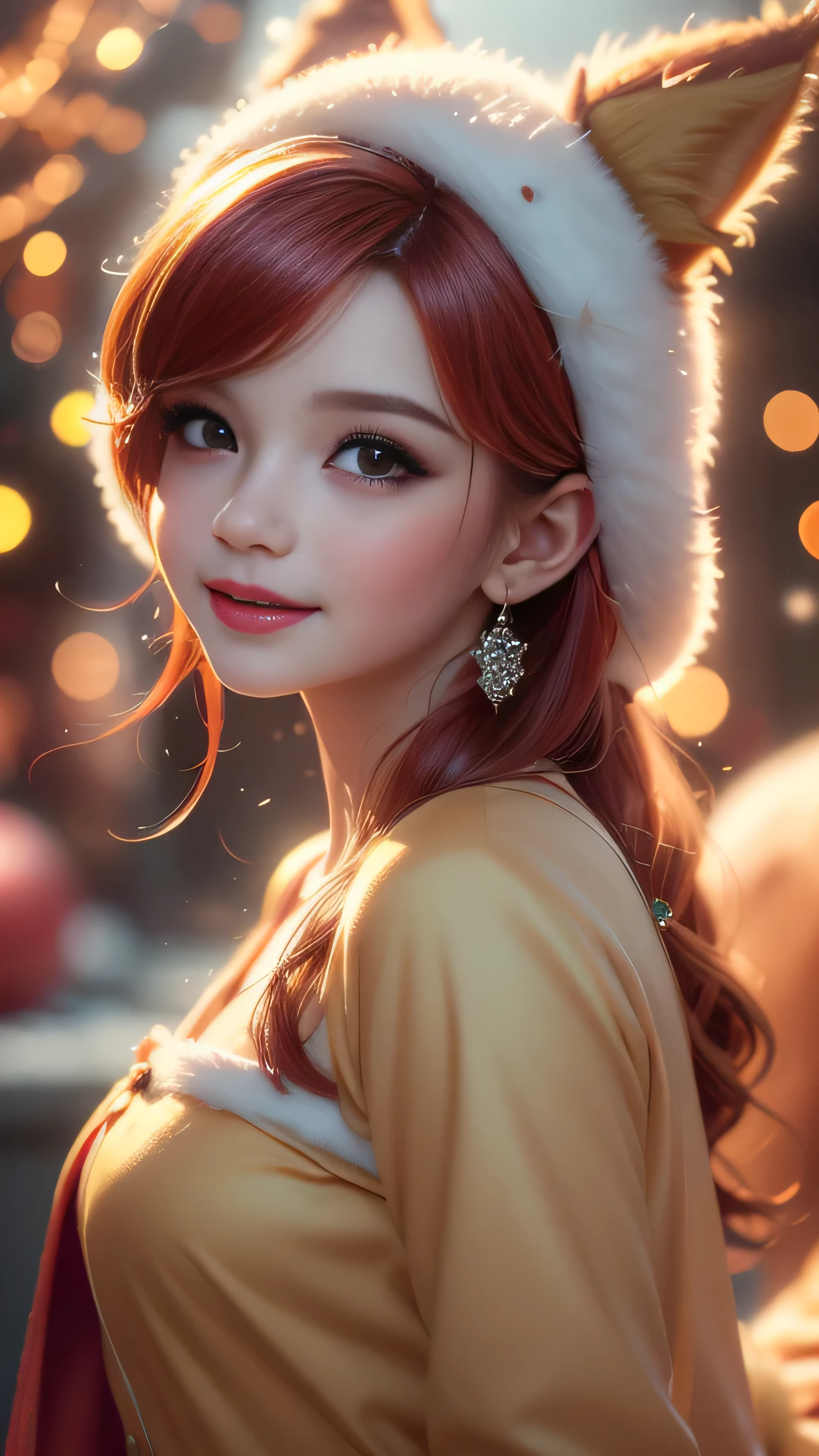 (Best Quality, Super Detailed, masterpiece, representative work, official art, professional, super high detail, 8k:1.3), (Full Body) Cute girl in fantasy Christmas outfit, face wearing fox ear hat, Beautiful detailed eyes, Beautiful detailed lips, detailed eyes and face, long eyelashes, Demonic smile, Vibrant colors, Red hair, Innocent expressions, Playful features, Intricate Christmas decorations, Glowing garlands, Sparkling ornaments, Natural lighting, Soft background, Photorealistic, Shining eyes, Sharp focus, Glowing skin, Sweet and mischievous look, Hint of mischief, Dreamy atmosphere, Delicate details, soft volumetric light, (backlight:1.3), (cinematic:1.2), intricate details, (ArtStation:1.3)