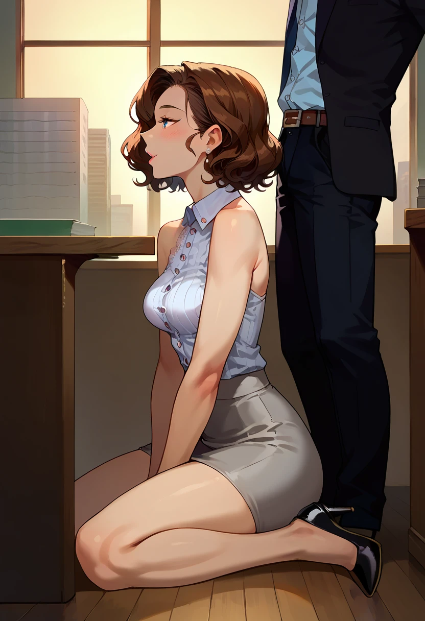 score_9, score_8_up, score_7_up, score_6_up, BREAK, 1boy, 50yo, tall, average body, business suit, (sitting, out of frame:1.4), BREAK 1girl, 30yo, female, short, slender slutty girl, brunette, wavy hair, cute and mature, wearing (tight grey skirt:1.1), (tight white sleeveless blouse:1.2), (black high heels:1.0), (medium breasts, shoulder length hair:1.5), BREAK, luxury office, large CEO table, (kneeling, under table:1.2), perfect proportions, Fellatio 