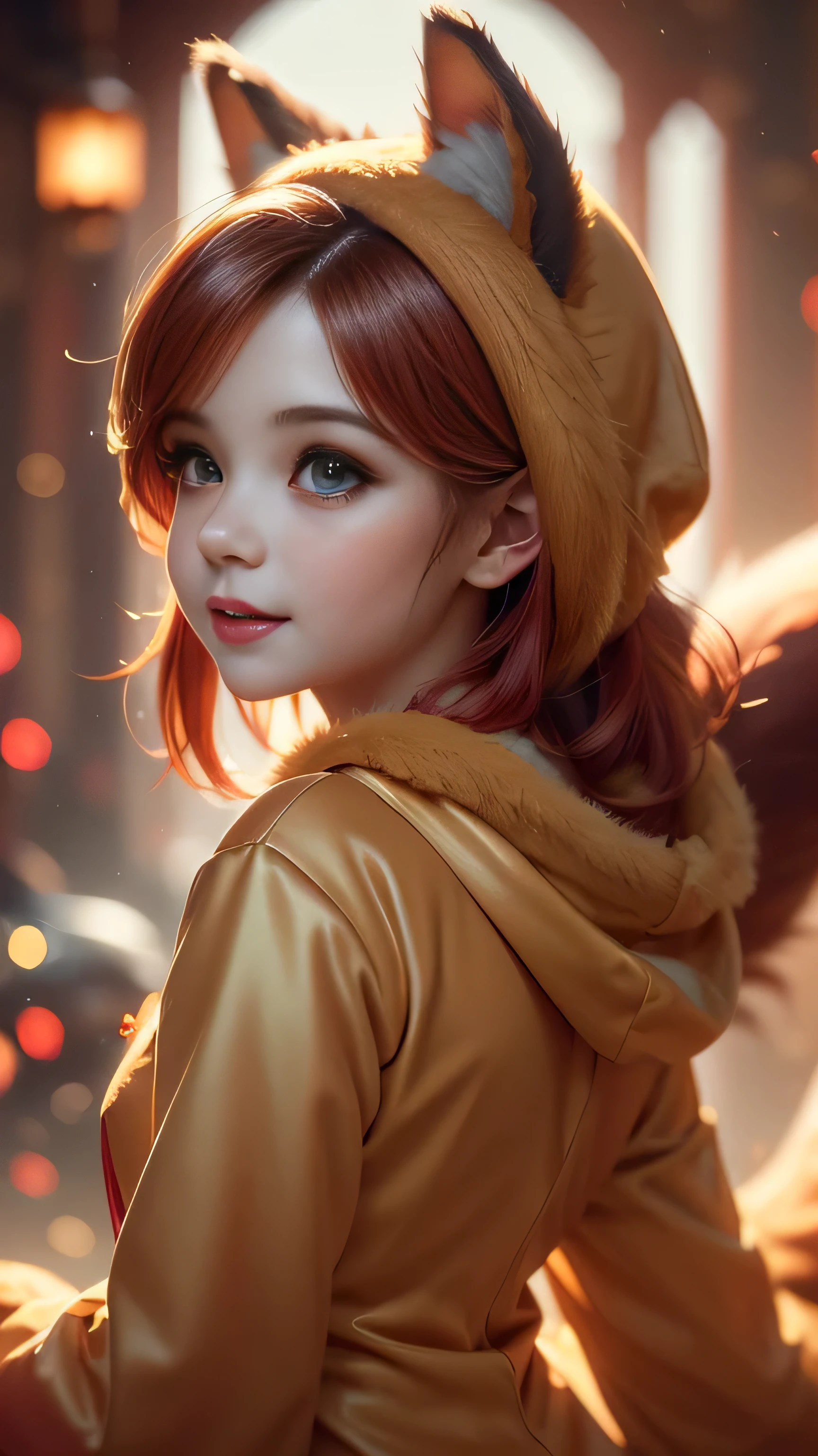 (Best Quality, Super Detailed, masterpiece, representative work, official art, professional, super high detail, 8k:1.3) Cute girl face, ginger hair, ((brown)) eyes, 1 girl, fox costume, hood, fox tail, furry, girl dressed as furry, Vivid colors, Red hair, Innocent expressions, Playful features,  Christmas background, Natural lighting, Soft background, Photorealistic, Shining eyes, Sharp focus, Glowing skin, Sweet and mischievous look, Hint of mischief, Dreamy atmosphere, Delicate details, soft volumetric light, (backlight:1.3), (cinematic:1.2), intricate details, (ArtStation:1.3)