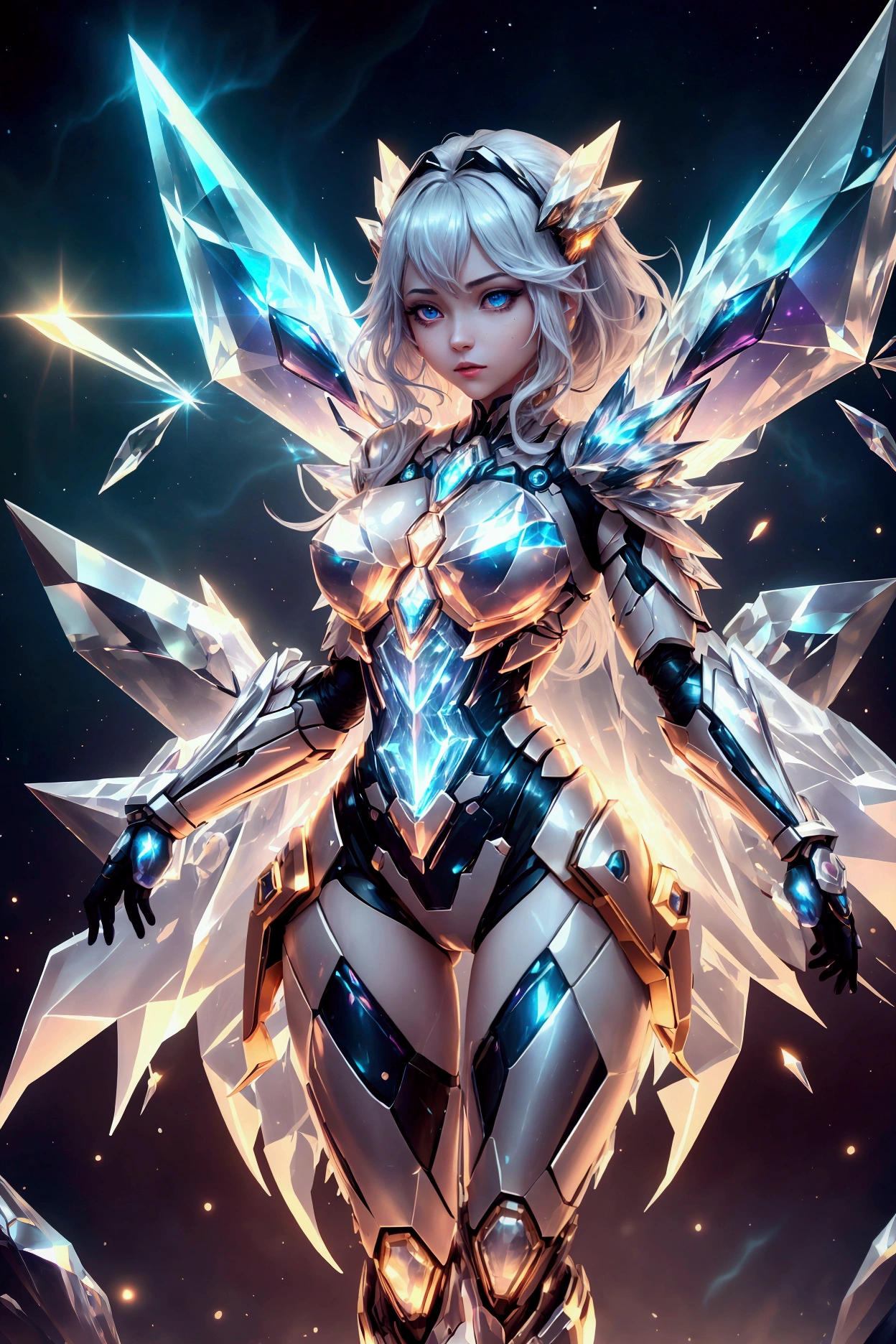 masterpieces, "Crystal Cyberpunk" style work, The background is nebula and space. female, Crystal AND Gem Exoskeleton Armor, The whole body exudes a dazzling light, The body is wrapped in mechanical armor, Equipped with "huge mech wings". (Realism), (((Ultra-detailed))), ((best quality)), ((detailed Anima face)), Masterpiece Theatre of the World, (Very detailed CG), Unity 8k, ((Best Shadow)), ((Detailed light)), an extremely delicate and beautiful, ((Beautiful detail face)), ((gradient eyes))), ((jewel-like eyes))), ((Beautiful detail eyes)), crystal hair, expressive hair, mismatched pupils, raised eyebrow, red lips, jitome, panorama, 3D, (Depth of field), wide shot, vanishing point, panorama, perspective, Surrealism, ray tracing, blending, film grain, stereogram, first-person view, wide shot, vanishing point, hatching (texture), (((Masterpiece))), UHD, retina, ccurate, anatomically correct, textured skin, super detail, high details, high quality, award winning, best quality, highres