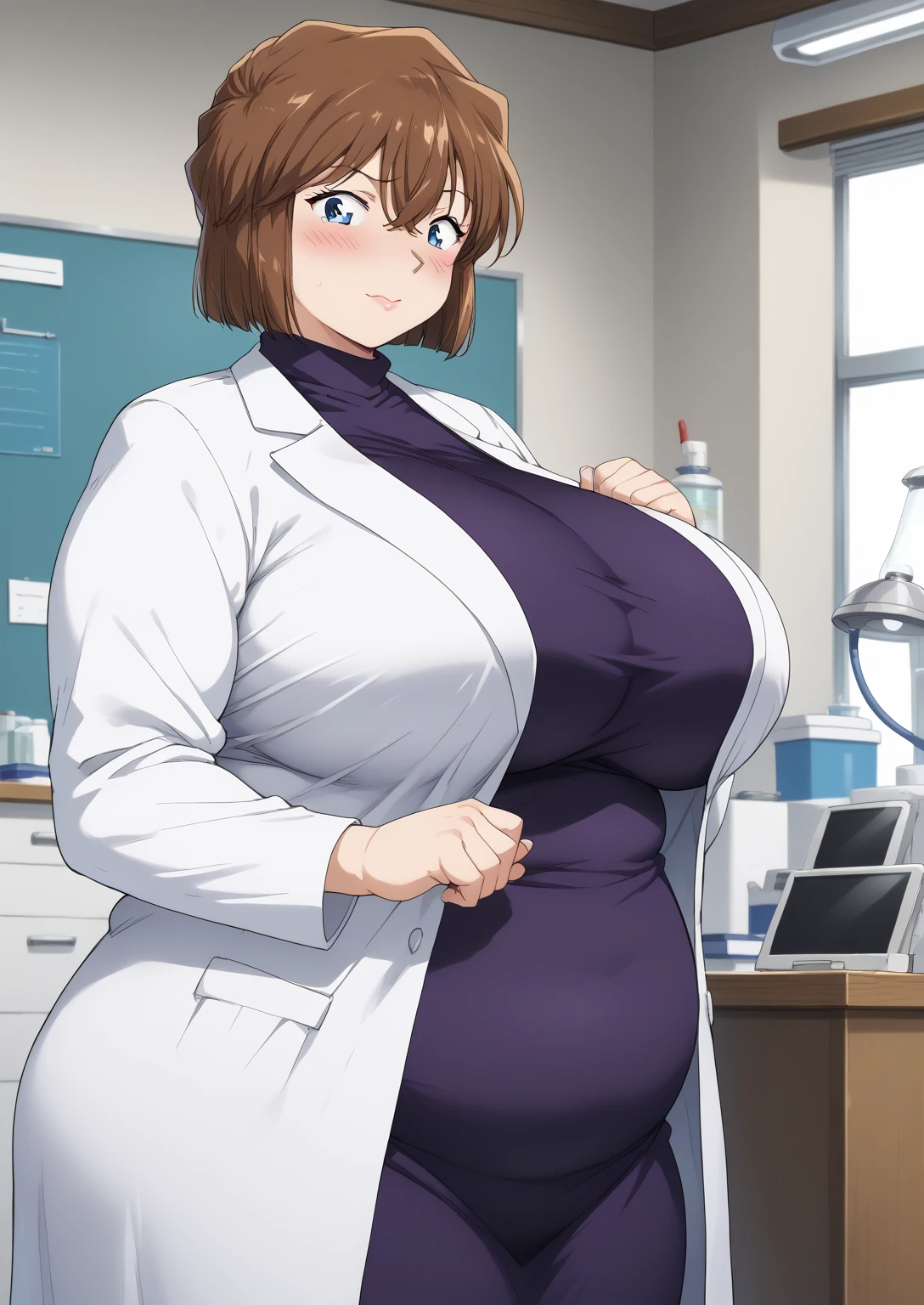 Shiho Miyano, Miyano Shiho, short hair,Brown Hair, blue eyes,hair between eyes,lab coat, Mulberry dress, long sleeve dress, mini skirt dress, score_9,   score_8_ up,   score_7_ up,   score_6_ up,   score_5_ up,   score_4_ up,     masterpiece   ,   top quality,     very aesthetic  ,    absurd,    source_Anime, Anime screencap,    one woman , Alone,   personal   ,  Super huge breasts, (((S uper huge クレビス, Super huge , Super huge boob))), Curvy,   in her 20s,  Mature Woman,   obese , ,  troubled expression,  ssbbw,  embarrassed expression