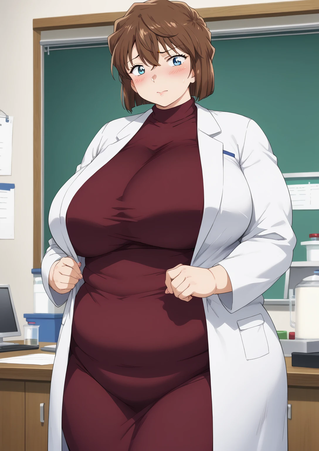 Shiho Miyano, Miyano Shiho, short hair,Brown Hair, blue eyes,hair between eyes,lab coat, Mulberry dress, long sleeve dress, mini skirt dress, score_9,   score_8_ up,   score_7_ up,   score_6_ up,   score_5_ up,   score_4_ up,     masterpiece   ,   top quality,     very aesthetic  ,    absurd,    source_Anime, Anime screencap,    one woman , Alone,   personal   ,  Super huge breasts, (((S uper huge クレビス, Super huge , Super huge boob))), Curvy,   in her 20s,  Mature Woman,   obese , ,  troubled expression,  ssbbw,  embarrassed expression