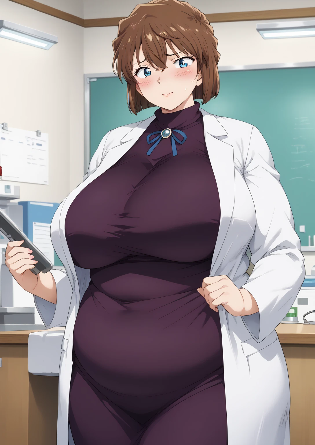 Shiho Miyano, Miyano Shiho, short hair,Brown Hair, blue eyes,hair between eyes,lab coat, Mulberry dress, long sleeve dress, mini skirt dress, score_9,   score_8_ up,   score_7_ up,   score_6_ up,   score_5_ up,   score_4_ up,     masterpiece   ,   top quality,     very aesthetic  ,    absurd,    source_Anime, Anime screencap,    one woman , Alone,   personal   ,  Super huge breasts, (((S uper huge クレビス, Super huge , Super huge boob))), Curvy,   in her 20s,  Mature Woman,   obese , ,  troubled expression,  ssbbw,  embarrassed expression