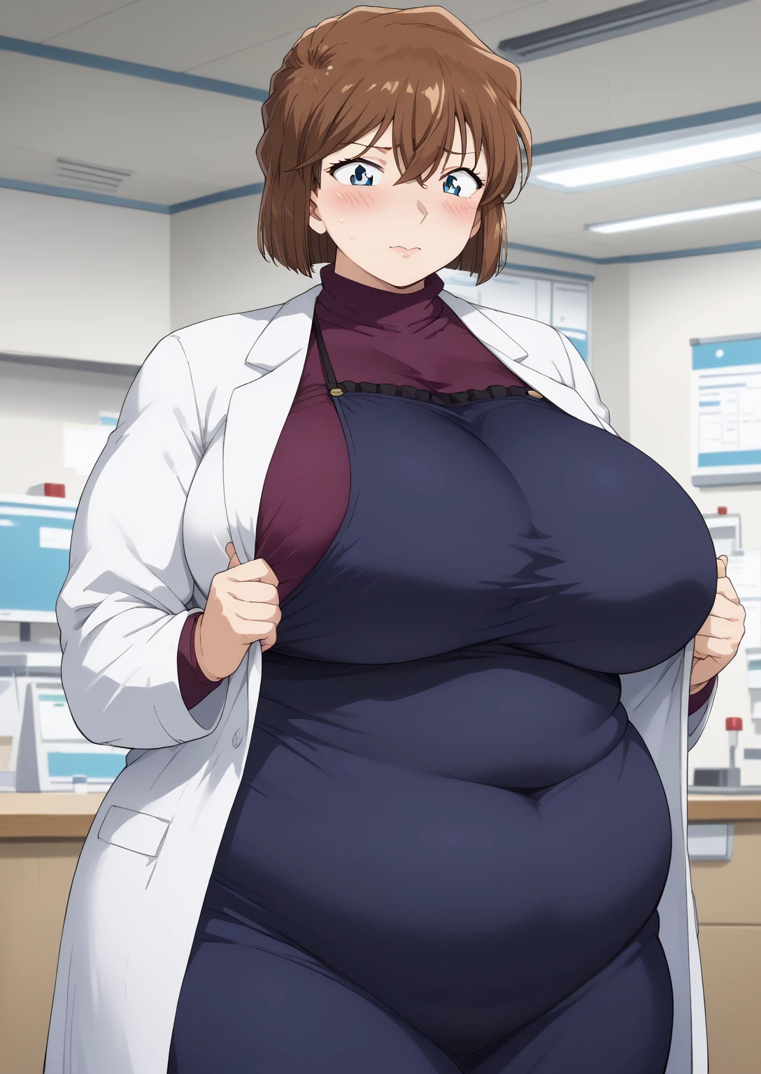 Shiho Miyano, Miyano Shiho, short hair,Brown Hair, blue eyes,hair between eyes,lab coat, Mulberry dress, long sleeve dress, mini skirt dress, score_9,   score_8_ up,   score_7_ up,   score_6_ up,   score_5_ up,   score_4_ up,     masterpiece   ,   top quality,     very aesthetic  ,    absurd,    source_Anime, Anime screencap,    one woman , Alone,   personal   ,  Super huge breasts, (((S uper huge クレビス, Super huge , Super huge boob))), Curvy,   in her 20s,  Mature Woman,   obese , ,  troubled expression,  ssbbw,  embarrassed expression