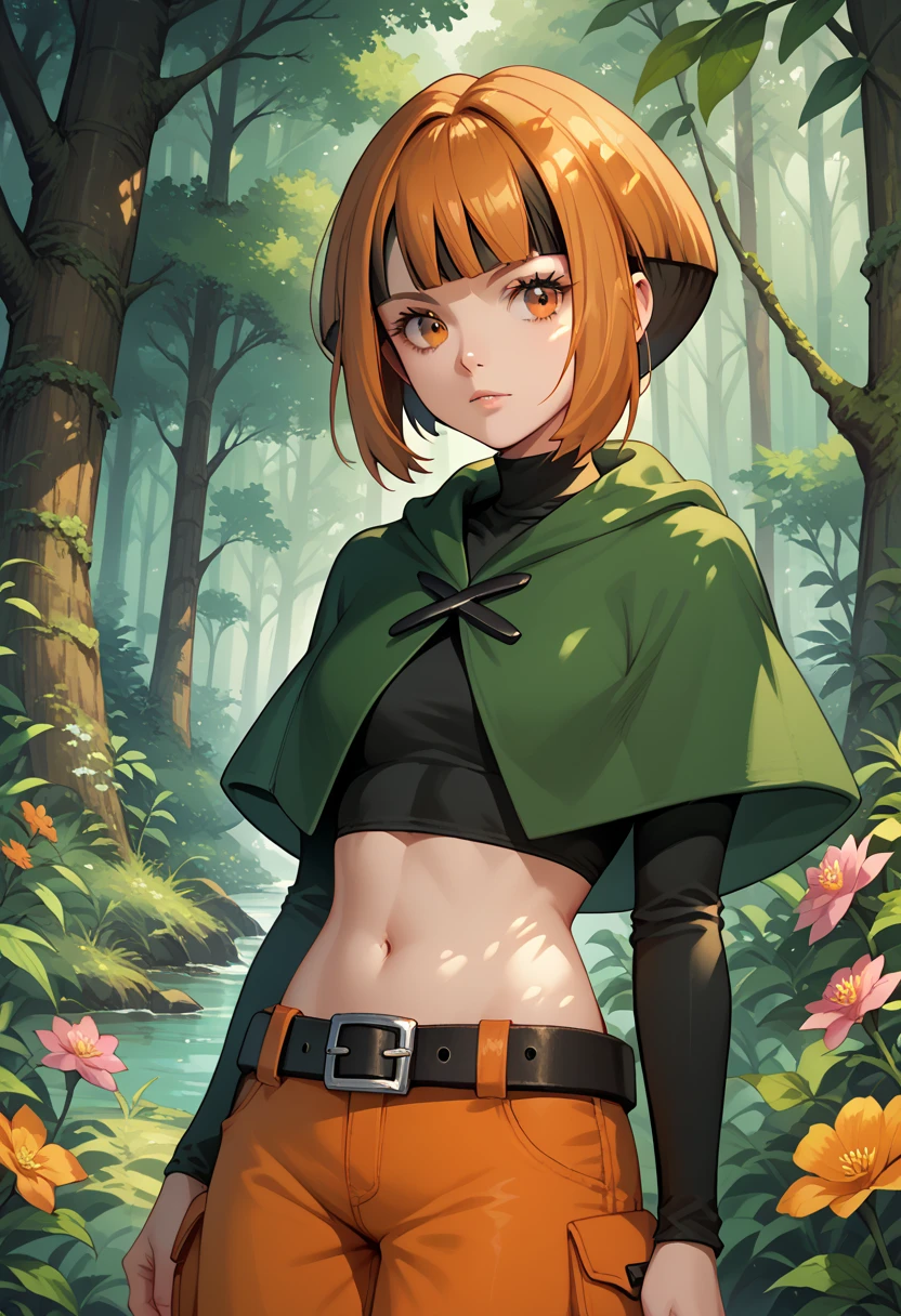 Gardenia (pokemon), solo, orange eyes, green capelet, black shirt, long sleeves, midriff, belt, orange shorts,, outdoor, flower forest, 