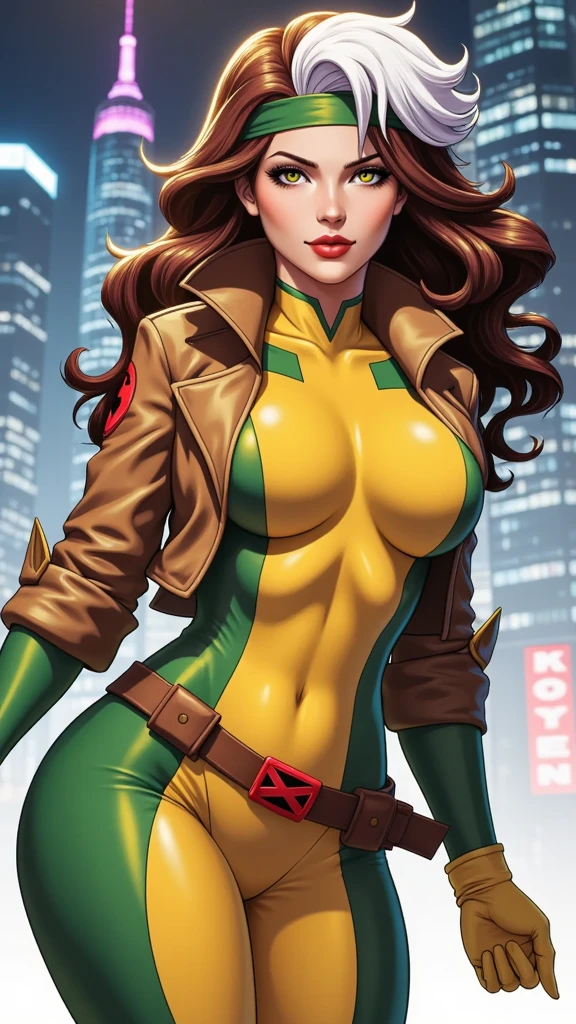 (  masterpiece ,  realistic , perfect,  photograph ,  high resolution and definition )  X-Men Rogue in a sensual and erotic pose,  tight suit, nice image detail ,  Beautiful legs ,  detailed face, light eyes,  beautiful butt ,  slender and detailed body ,  big breasts. Brown hair with a tuft of white hair on the top,  long loose hair .  Great detail of the background and environment . in the city at night .