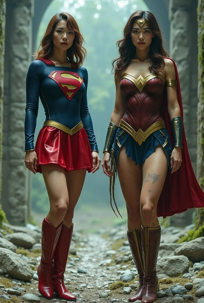 Corps de femme ensemble gros seins, Robe de costume de Supergirl, Qualité 16k, hyper détaillé avec des collants noirs bas noirs, bottes, sous la pluie