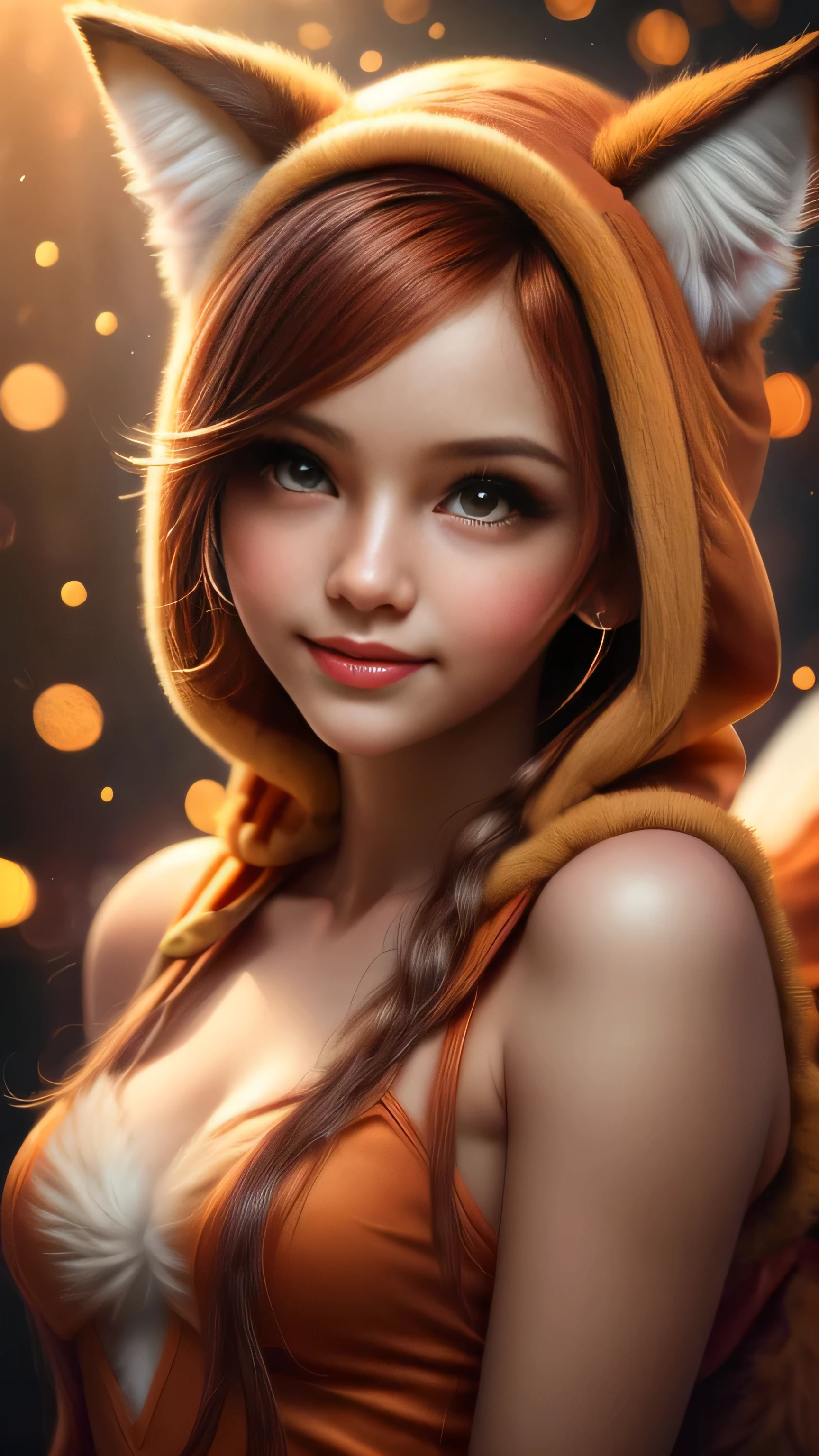 (Best Quality, Super Detail, Masterpiece, Representative Work, Official Art, Professional, Super Fine Detail, 8k:1.3) Cute girly face, red hair, ((brown)) eyes, 1 girl 25 years old, fox costume, hood, fox tail, furry, girl in furry costume, Vivid colors, Red hair, Innocent expression, Playful features, Christmas background, Natural Lighting, Soft background, Photorealistic, Sparkling eyes, Sharp focus, Glowing skin, Cute and mischievous look, Hint of mischief, Dreamy atmosphere, Delicate details, Soft ambient light, (Backlight:1.3), (Cinematic:1.2), Intricate details, (ArtStation:1.3)