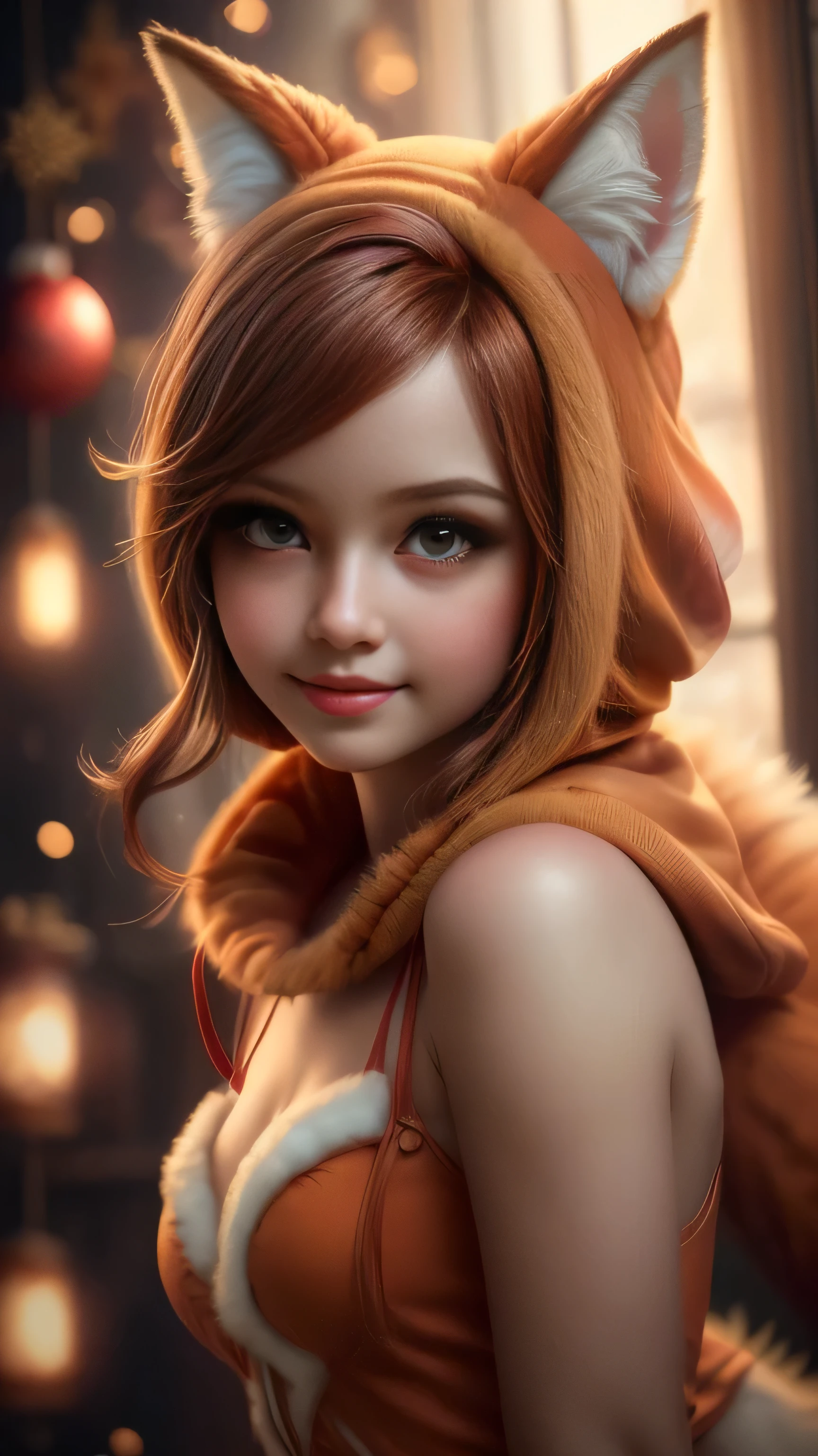 (Best Quality, Super Detail, Masterpiece, Representative Work, Official Art, Professional, Super Fine Detail, 8k:1.3) Cute girly face, red hair, ((brown)) eyes, 1 girl 25 years old, fox costume, hood, fox tail, furry, girl in furry costume, Vivid colors, Red hair, Innocent expression, Playful features, Christmas background, Natural Lighting, Soft background, Photorealistic, Sparkling eyes, Sharp focus, Glowing skin, Cute and mischievous look, Hint of mischief, Dreamy atmosphere, Delicate details, Soft ambient light, (Backlight:1.3), (Cinematic:1.2), Intricate details, (ArtStation:1.3)