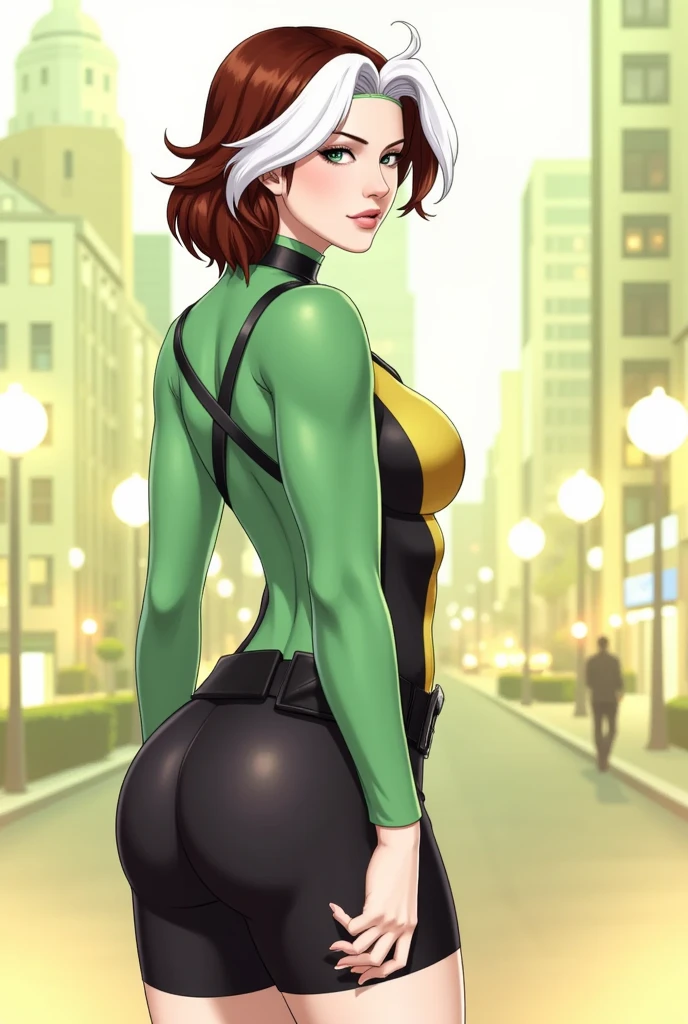 (  masterpiece ,  realistic , perfect,  photograph ,  high resolution and definition )  X-Men Rogue in a sensual and erotic pose,  tight suit, nice image detail ,  Beautiful legs ,  detailed face, light eyes,  beautiful butt ,  slender and detailed body ,  big breasts. Brown hair with a tuft of white hair on the top,  long loose hair .  Great detail of the background and environment . in the city at night .