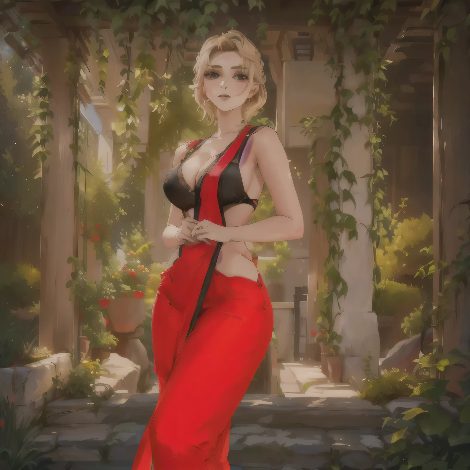 Caucasian woman, blonde hair, wavy hair, long hair, braided hair, green eyes, lined eyes, dark red lipstick, smile, athletic body, small breasts, red blouse, red lycra shorts, earrings, necklace, pyramid in the background from ((Chichen Itza)), from behind, defined buttocks, shot from behind.