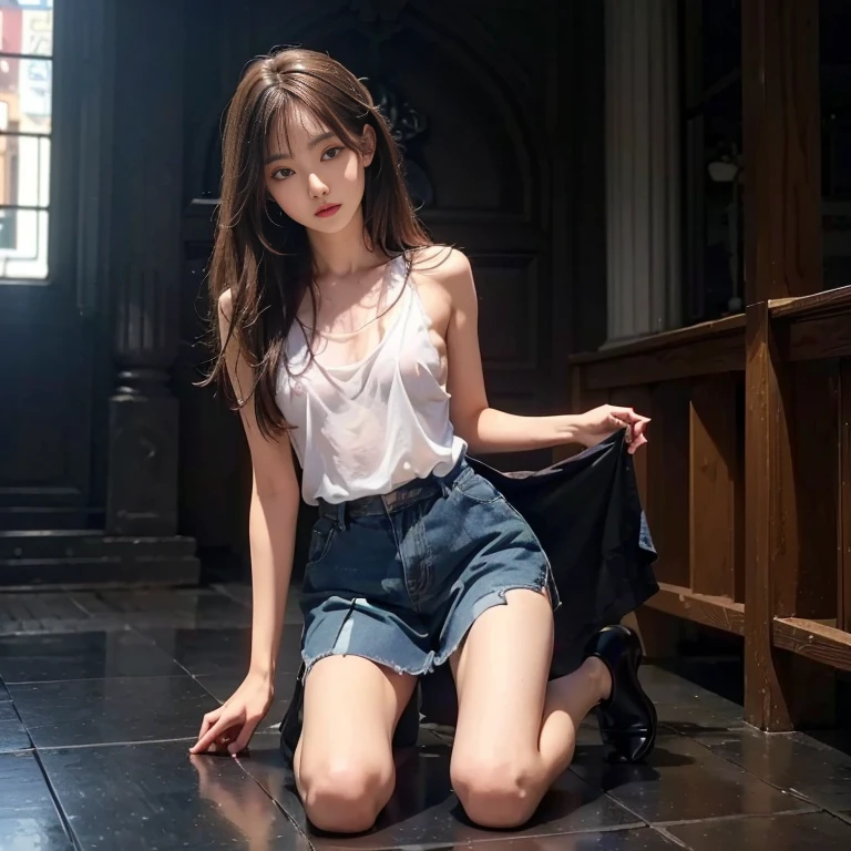 a beauty girl,((Matte skin))、The wind is blowing、Well-formed face、14years、８Head and body、a small face、A slender、Very skinny、skinny、torso, legs are long、tiny chest、discreet breasts、beauty legs、Model body type、Lustrous hair、Backgrounds that look like real photos、Rejoicing face、Girls who do their best to be fashionable、tall、Height 185 cm、wrist watch、(((boots)))