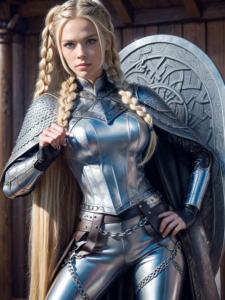 beautiful woman, Valkyrie, (long light hair, braided pig tails), (Blue eyes, detailed facial features), (proportional hands, Proportional Fingers), (Silver Chain Mail, Leather armor, fur lined cape, leather pants, detailed viking art), (viking ship background),