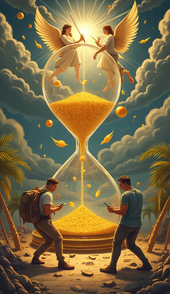 art_digital+roberto_ferri style, in the background a golden hourglass, on the left side of the clock an angel with a sword, an angel with an orange branch, an angel with a branch, a fitness angel, on the left side of the clock, a lazy fat man looking at his cell phone, a beggar, a man with scabies, allegory of the fight between virtue and laziness