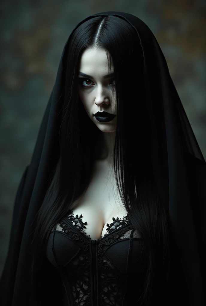 beautiful detailed eyes, luscious dark lips, delicate features, flowing dark hair, ethereal presence, subtle hints of sadness, pale skin, elegant posture, mysterious background, dramatic lighting, black lace dress, hauntingly beautiful, rich color palette, intricate jewelry, gothic atmosphere, surreal elements, artistic composition, masterful technique, emotional depth, captivating gaze. (best quality,4k,8k,highres,masterpiece:1.2),ultra-detailed,(realistic,photorealistic,photo-realistic:1.37), gothic style, dark color tones.