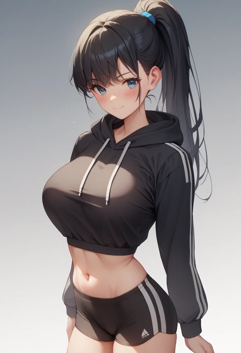 score_9, score_8_up, score_7_up, source_anime, best quality, clear face, cute girl, black hair, blue eyes, long hair,ponytail, large breasts, perfect body, looking at , cute embrassed smirk cute,blush,wearing tight black hoodie and mini small exposing tight black shorts,view ,standing ,sporty,exposed belly,see though clothes,skinny waist,