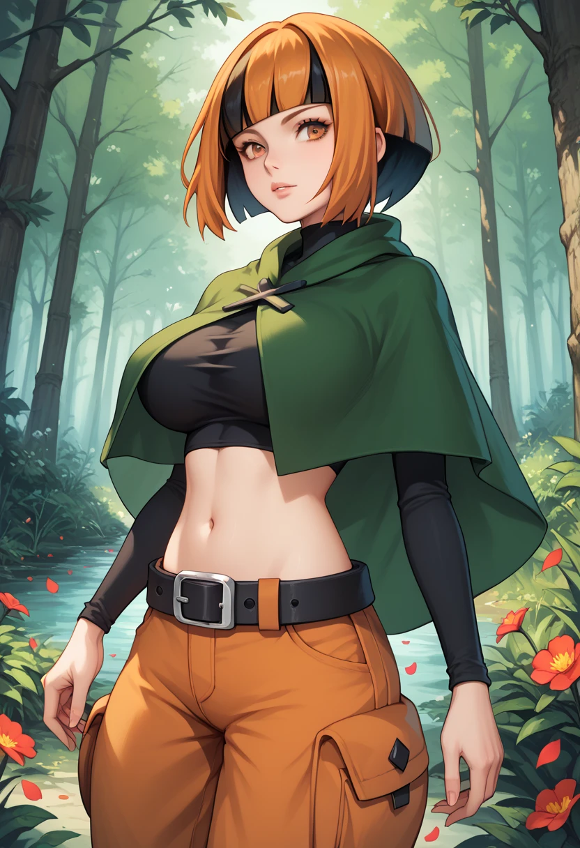 pokemongardenia, black hair, bob cut, multicolored hair, orange eyes, orange hair, petals, short hair, two-tone hair,belt, belt buckle, buckle, capelet, cargo shorts, midriff, navel, shorts, undershirt, long sleeves, green capelet, black undershirt, outdoor, flower forest, large breasts