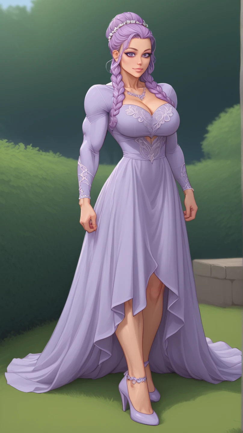 lilac bush, very beautiful and extremely muscular woman (((SFW))), she wears long lilac dress, fullbody view 