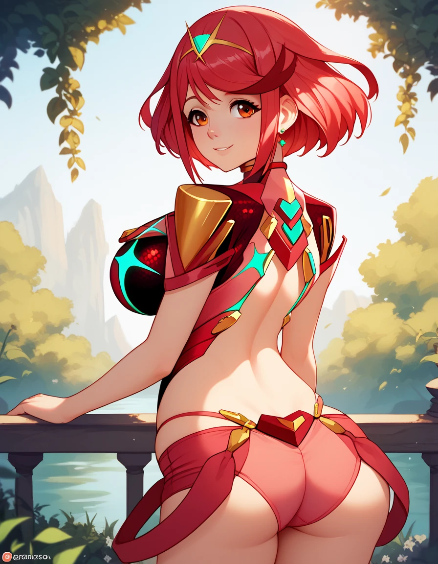 score_9, score_8_up, score_7_up, best quality, source_anime, clear face, 1girl, pyra, red hair, short hair,  red eyes, large breasts, white camison, short pants, cleavage, smile, outdoor, good lighting, back view, unhooked short, visible panty, red panty, showing ass, no armor