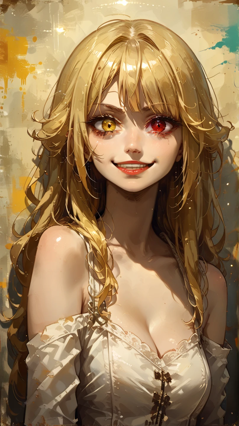 (( right eye red , The left eye is yellow)),  beautiful blonde girl in a gothic pantsuit with black lace, cunning cunning smile , villainess, (( long-haired blonde)),  yellow-gold long hair with bangs , ((Heterochromia,  right eye red , The left eye is yellow)),  shiny lips are curved in an insidious smirk , predatory look, score_9, score_8_up, score_7_up, source_anime,
 surreal,  dreamy atmosphere ,Glowing edges, hair mystical , high contrast,ethereal light,Particles of light, high resolution, Accuracy,  masterpiece fails,  better quality ,  In detail,  Main detail, (( Perfectly detailed face , perfect face and body painting,  perfect face,  perfect body)),  Ultra high definition,  Retina , (((Heterochromia,  right eye red , The left eye is yellow))),  red eyes, yellow eyes, smirk, makeup,  Easy smile,  bright pupils ,  A contemptuous look,  smug face , Evil smile,  crazy eyes,  horizontal pupils, Heterochromia of the pupils, crazy smile, Breasts, Shine, Lens glare,  Backlight,  The shadow of the character in a standing position ,  Flood lighting, chiaroscuro