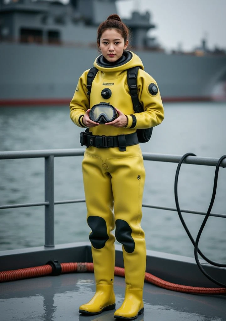 A documentary photo, Photo-realistic, ultra-realistic, (Japanese beautiful young woman, famous Japanese idol, boyish cool face:1.3), wetlook rubberish yellow clothes,, she is a military diver of Japan navy, experienced military diver, wearing a professional wetsuits for military diver with professional scuba equipment, She is on a shlre, She is preparing to scuba dive for a lifesaving mission, there is a large battle ship behind her,, Natural Makeup, boyish face ,Front View:1.21, Perfect Anatomy:1.21, Small head:1.21, Slender body:1.37, Narrow waist:1.5, Thin limbs:1.5, Flat Chest:1.5, Anatomically correct limbs, Diving Suits drysuits (high smooth turtleneck collar), Fully equipped for diving, Very cute Japanese woman, Brown Hair, Chignon Hair, woman holds oval scuba mask, Calm sea in qinter, Dynamic and emotional movie lighting, 