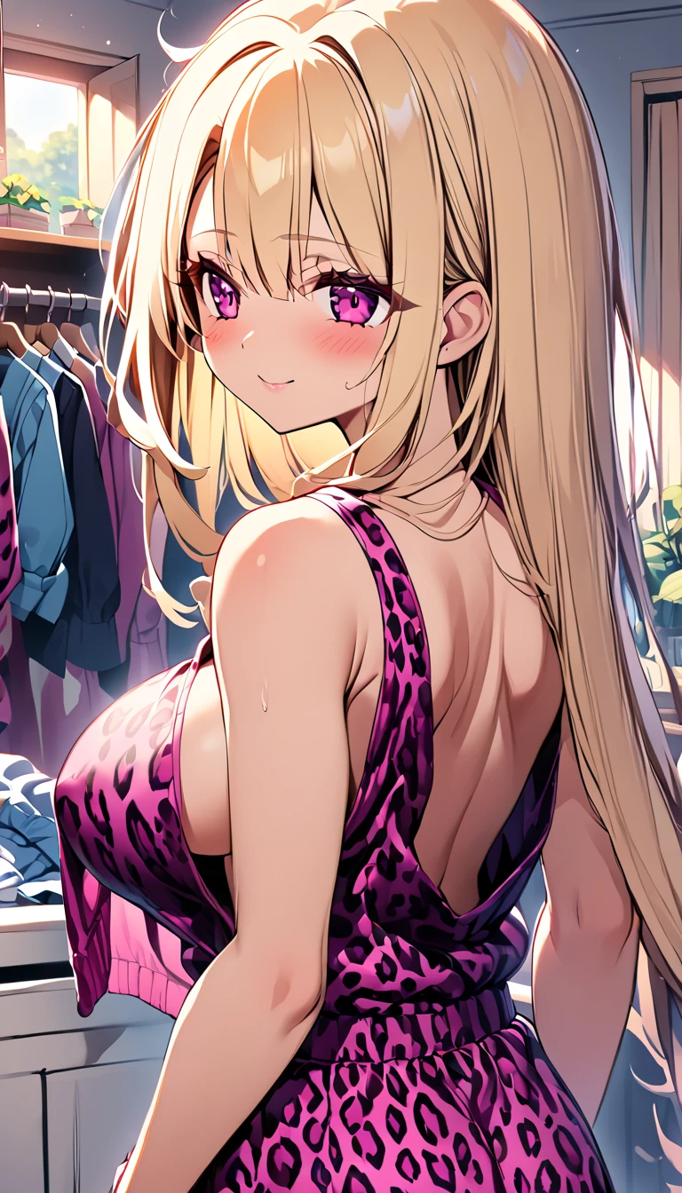  One girl 　 cute girl　 anime style 　Anime Face　 anime style　Beauty　Big Breasts　magenta leopard print with lace ブラジャー　magenta leopard print with lace Ｔback　very small Ｔback　Extremely thin Ｔback　Blonde hair　 straight hair 　 long hair　 room at home with lots of clothes　Changing clothes　no nudity 　 no nudity