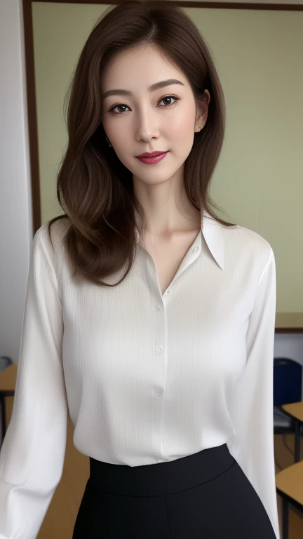 ((highest quality, 8K, masterpiece, portrait: 1.3)), (looking at the viewer), (full shot:0.85), attractive business mature woman, 1 person、 white collared shirt, gray skirt,((big breasts 2.5)) (big pelvis:0.3),((Very plump 2.５))、 (officeの椅子に座っている)), smile:0.2, president&#39;office,good posture、Brown medium hair、gentle smile、office、In the office、