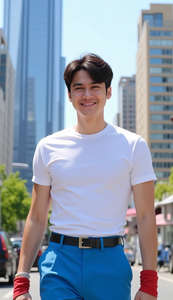 actor David Corenswet wearing a plain white t-shirt, wearing blue pants and red boots, metropolis scene, smiling, front view