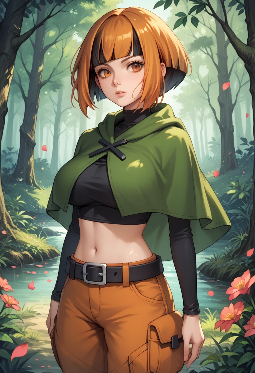 pokemongardenia, black hair, bob cut, multicolored hair, orange eyes, orange hair, petals, short hair, two-tone hair,belt, belt buckle, buckle, capelet, cargo shorts, midriff, navel, shorts, green capelet, outdoor, flower forest, large breasts