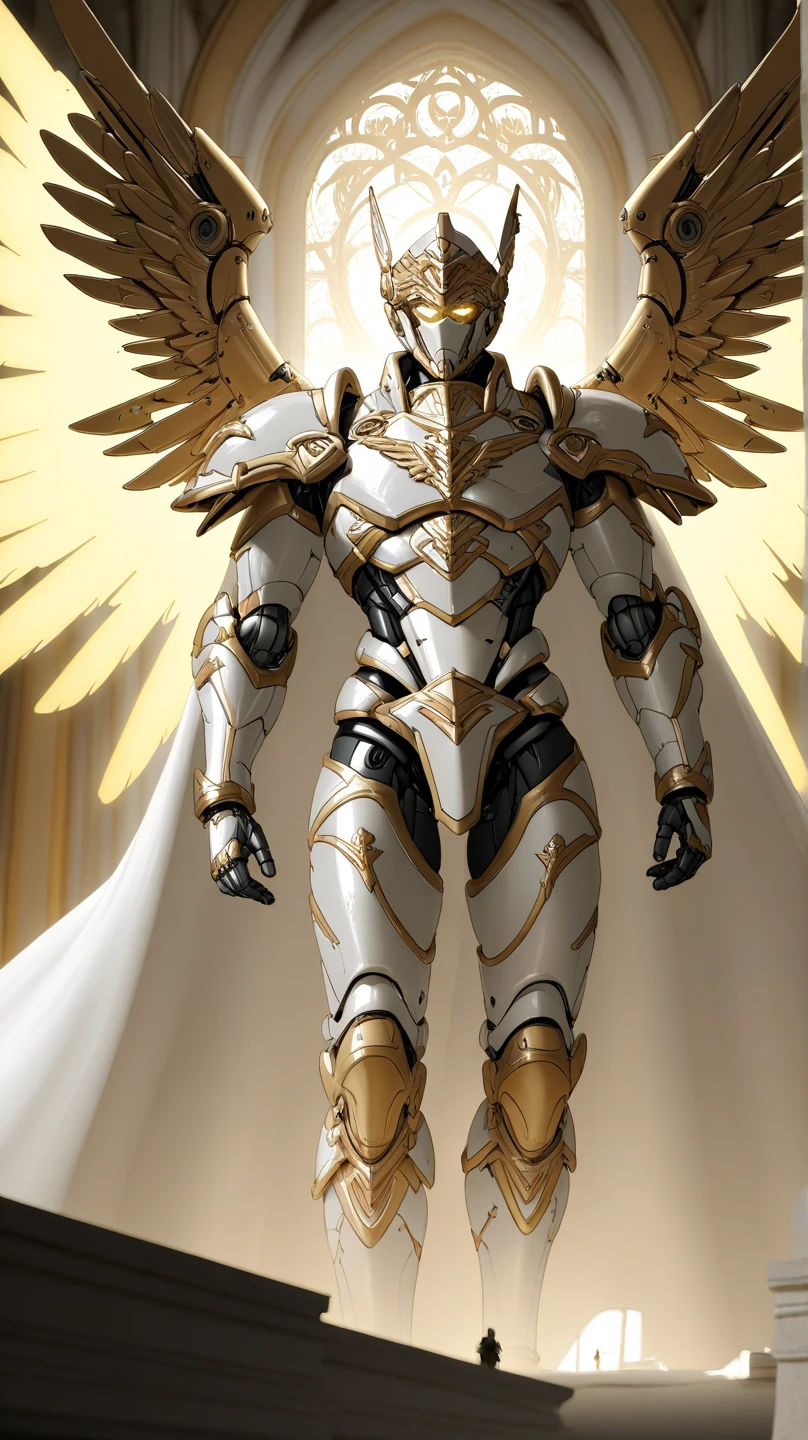 The full-body mechanized image of an adult male Holy Knight leader held by an angel 。His muscular robotic body ， wearing sacred white gold holy knight armor ， with golden glowing eyes and white gold mechanical wings 。 He boldly stands inside a mysterious white gold mechanical church ， surrounded by countless cavalry soldier followers 。 composition underlines his majestic presence ， The eye-catching lighting and dramatic holy light highlights him Armor and the divine atmosphere of the church。 symbolizes the golden yellow light in his eyes Sacred and luminous 。 This setting is a cyberpunk-inspired futurist mechanism ，Without a cloak 。 The bold composition captures the grandiose and divine energy of the scene 。
