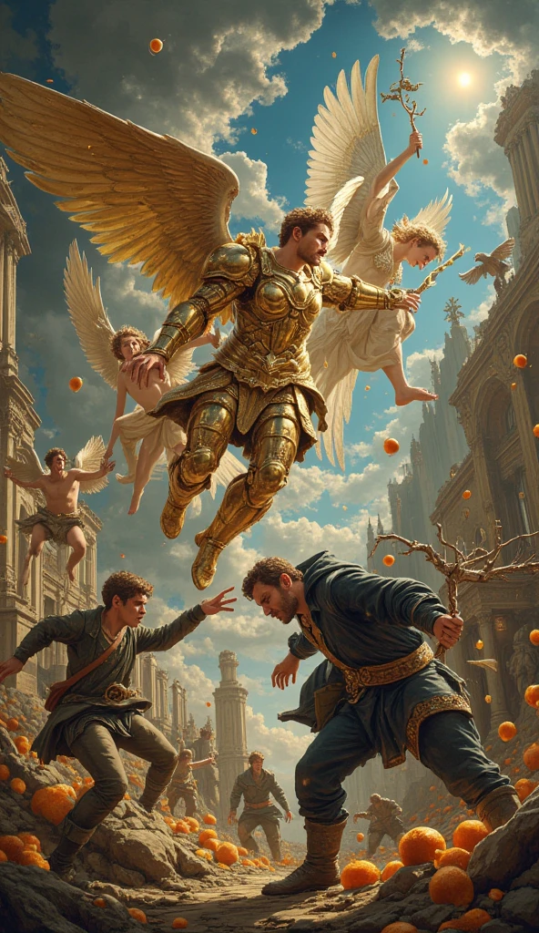 It is an epic battle ,  4 angels representing abundance gold armor ,  another representing wisdom with a book ,  another representing work with an orange and another health with a branch leaves ,  fighting with a fat misaligned man representing the prey another ragged the poor,  another madman and another that cries wearing black , In baroque style+rococo,  defined lines intense vibrant colors 