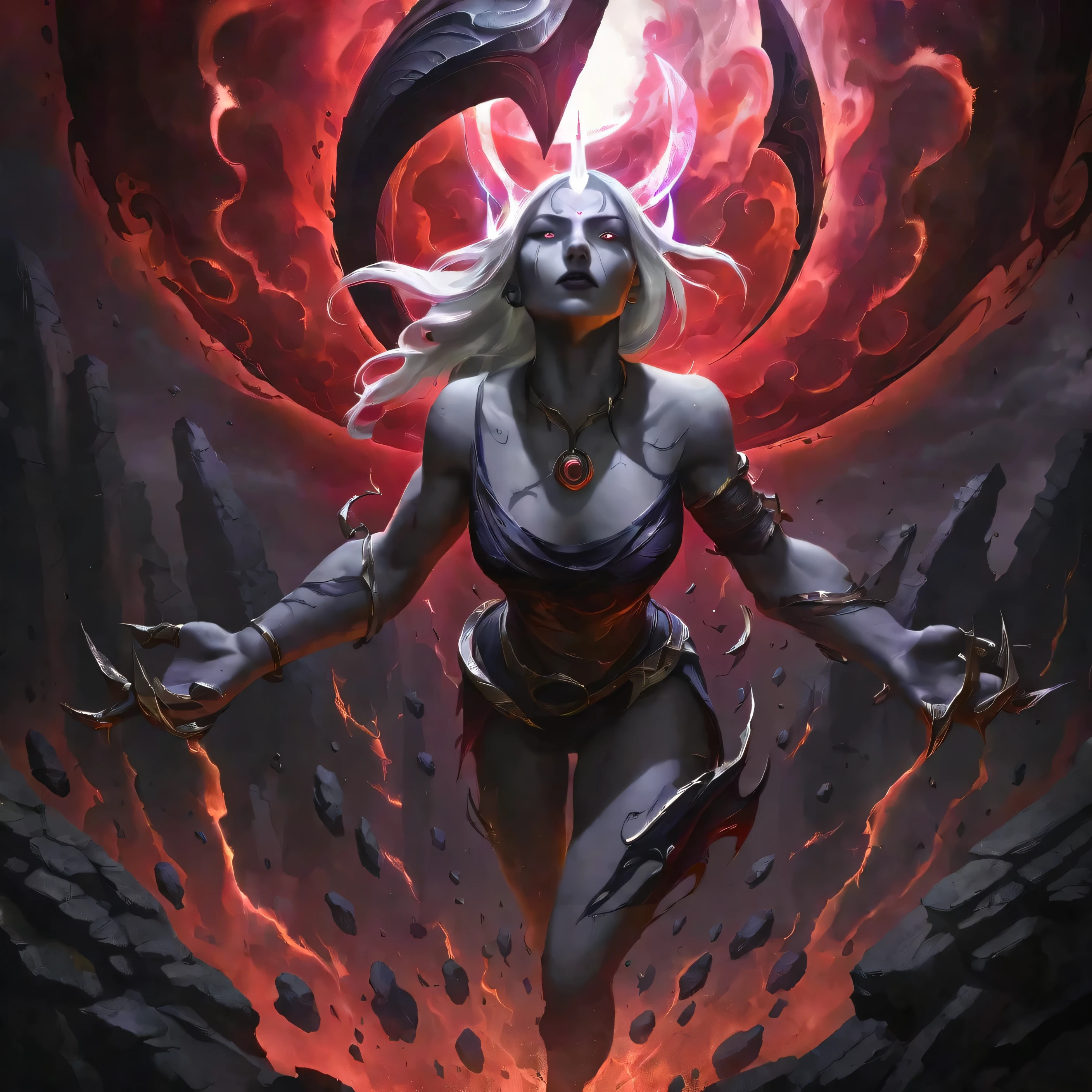 best aesthetic, lolsplashart, cinematic rendering, highly detailed, dark fantasy, Darkin girl, overhead angle composition, sultry and menacing expression, glowing runes, void energy, celestial light, elegant pose, cracked ashen ground, swirling particles, dramatic atmosphere, turbulent sky

1girl, tall and stunning Darkin girl with pale gray skin etched with glowing red runes on her arms, emitting a faint yet ominous light. Her long, moon-shaped, white hair flows down like ash, tied back in a sleek, simple style. She wears a dark, skin-tight outfit that accentuates her figure, featuring a neckline plunging to her belly with textures resembling white ash. Behind her, two ethereal orbs hover—one pulsing with vibrant purple void energy, the other radiating silvery golden light, their contrasts creating a mystical balance.

The scene is framed with an overhead angle, highlighting her poised elegance as she tilts her head upwards to lock her piercing gaze with the viewer. Her expression is equal parts alluring and menacing, exuding the confidence of a powerful being. The ground beneath her is fractured and ashen, with broken swords and spears scattered around, their remnants glowing faintly with an ominous red light.

The background features a turbulent, cloudy sky, swirling particles, and dramatic cool diffuse lighting interwoven with a deep red ambient glow. A subtle grainy texture enhances the intensity of the atmosphere, evoking a sense of impending chaos and grandeur.