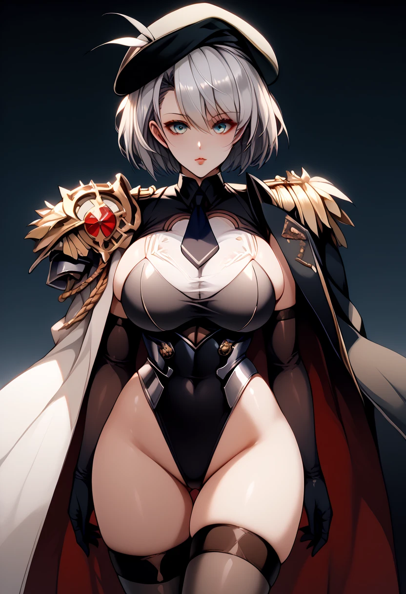 (solo),1girl,cowboy shot,((curvy)),((Tight and digging into the skin:1.2)),perfect face, cute anime face,((Azur Lane Style)), ((high leg red and black military uniform leotard:1.3)),((red and black Armored Dress: 1.5)),((Clear body lines:1.4)),((red and black military uniform long coat)),(black long tight elbow glove),((silver short bob)),((epaulettes)), ((decoration)), ((Military Beret)), ((huge hanging breasts)), neck tie, belt, ((black pantyhose)), (High leg crotch thick thighs thigh gap),((thigh high socks under thigh high boots: 1.3)),covered cleavage, Curvy wide hips, zettai ryouiki, Perfect and beautiful aqua eyes, gleaming skin, Porcelain-white skin, Perfect hands, perfect fingers,((highest quality)), ((masterpiece)), 8k, ultra high resolution,castle town, professional lighting, ((cameltoe: 0.5))