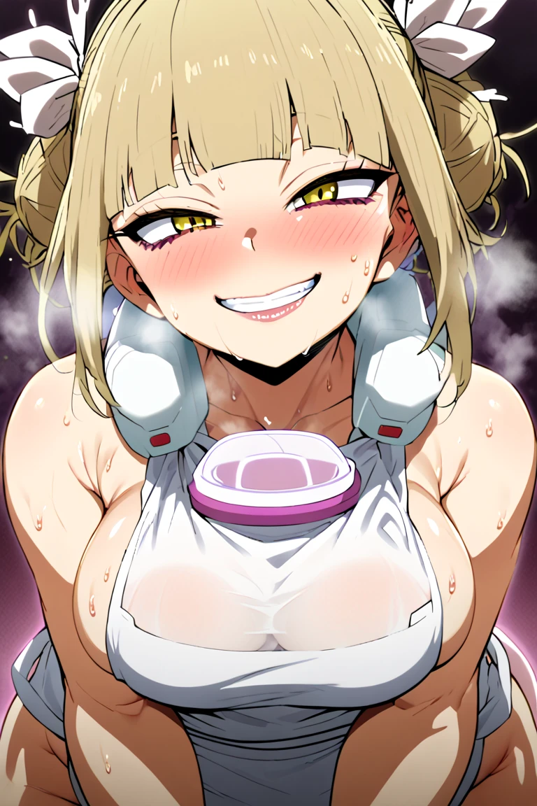 Himiko toga from the anime boku no hero  naked with big boobs wearing only a sexy apron holding a baby bottle and looking to the camera with a naughty face and heavy breathing and sweating from hot