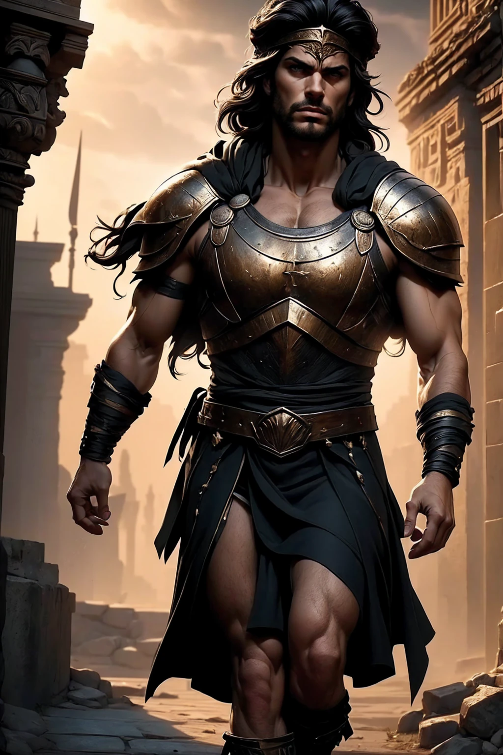 a 45 year old man, black hair, helmet ,prince of troy ,hector of troy, (best quality,4k,8k,highres,masterpiece:1.2),ultra-detailed,(realistic,photorealistic,photo-realistic:1.37),hyperrealistic,cinematic lighting,extremely detailed face and body,dramatic pose,epic scale,dramatic lighting,dark moody colors,chiaroscuro lighting,dramatic shadows, on the war, whole body, comic style, walking, in combat, show the feets