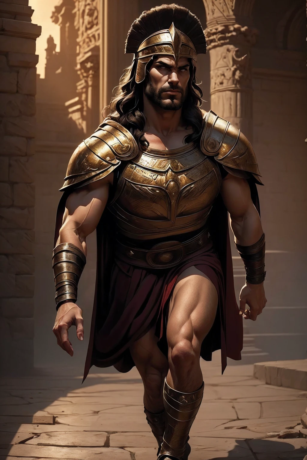 a 45 year old man, black hair, helmet ,prince of troy ,hector of troy, (best quality,4k,8k,highres,masterpiece:1.2),ultra-detailed,(realistic,photorealistic,photo-realistic:1.37),hyperrealistic,cinematic lighting,extremely detailed face and body,dramatic pose,epic scale,dramatic lighting,dark moody colors,chiaroscuro lighting,dramatic shadows, on the war, whole body, comic style, walking, in combat, show the feets