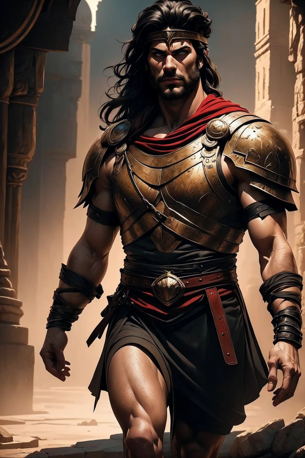 a 45 year old man, black hair, helmet ,prince of troy ,hector of troy, (best quality,4k,8k,highres,masterpiece:1.2),ultra-detailed,(realistic,photorealistic,photo-realistic:1.37),hyperrealistic,cinematic lighting,extremely detailed face and body,dramatic pose,epic scale,dramatic lighting,dark moody colors,chiaroscuro lighting,dramatic shadows, on the war, whole body, comic style, walking, in combat, show the feets