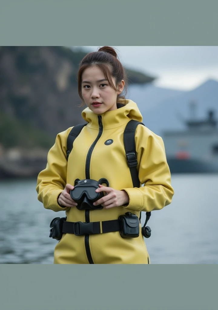 A documentary photo, Photo-realistic, ultra-realistic, (Japanese beautiful young woman, famous Japanese idol, boyish cool face:1.3), wetlook rubberish yellow clothes,, she is a military diver of Japan navy, experienced military diver, wearing a professional wetsuits for military diver with professional scuba equipment, She is on a shlre, She is preparing to scuba dive for a lifesaving mission, there is a large battle ship behind her,, Natural Makeup, boyish face ,Front View:1.21, Perfect Anatomy:1.21, Small head:1.21, Slender body:1.37, Narrow waist:1.5, Thin limbs:1.5, Flat Chest:1.5, Anatomically correct limbs, Diving Suits drysuits (high smooth turtleneck collar), Fully equipped for diving, Very cute Japanese woman, Brown Hair, Chignon Hair, woman holds oval scuba mask, Calm sea in qinter, Dynamic and emotional movie lighting, 