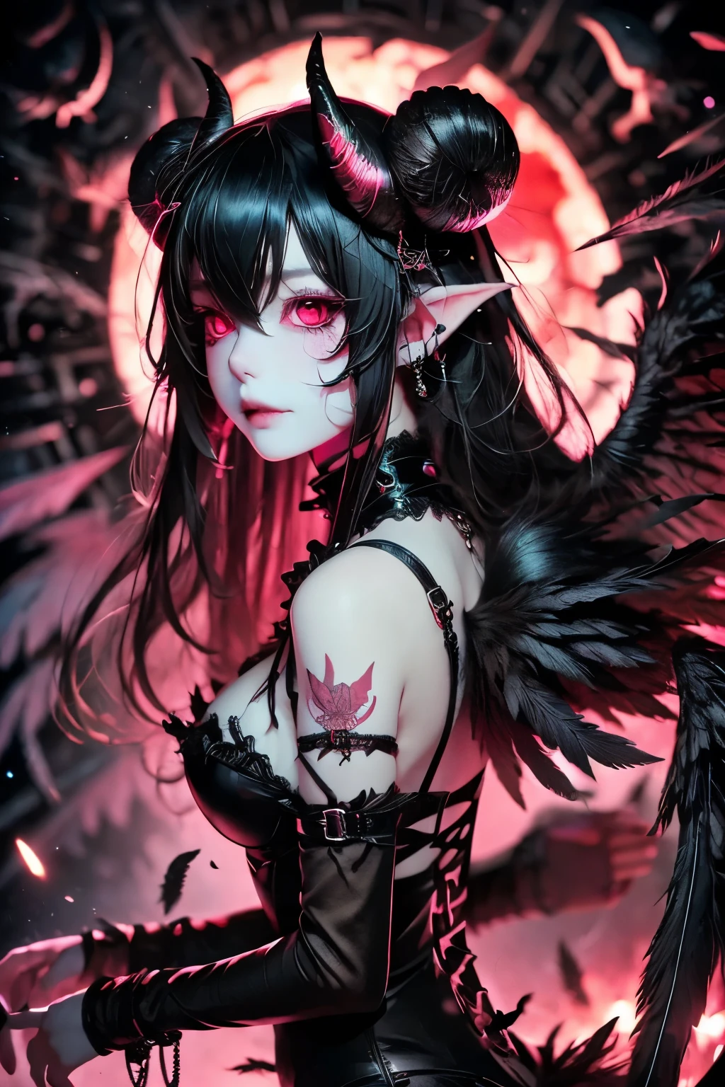 (Ultra-detailed face, Looking away, Fantasy Illustration with Gothic. Dark tone colors.), BREAK (Deep underground, in an abyss where magma blows up. Red and black background. A young succubus, in a daring pose, flies above a pool of magma in a circle, a glowing purple trail of powder light, smiling sexily.), BREAK (The succubus of the army of the abyss has jet black hair and eyebrows, blunt bangs, messy hair to the ground, red glowing eyes with yellow stars, small pink lips, pale skin, and dark, thick eyeliner.), BREAK (The Succubus of the Army of the Abyss wears a tiara with a skull motif and a black leather chukar. She wears a high-leg bodysuit of lace fabric made of raven feathers and embroidered with red thread, and stocking boots with braided red laces. On her back she has a pair of large bat-like wings.)