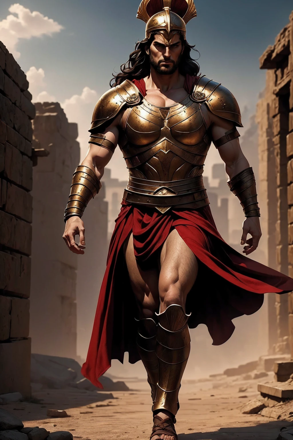 a 45 year old man, black hair, helmet ,prince of troy ,hector of troy, (best quality,4k,8k,highres,masterpiece:1.2),ultra-detailed,(realistic,photorealistic,photo-realistic:1.37),hyperrealistic,cinematic lighting,extremely detailed face and body,dramatic pose,epic scale,dramatic lighting,dark moody colors,chiaroscuro lighting,dramatic shadows, on the war, whole body, comic style, walking, in combat, show the feets