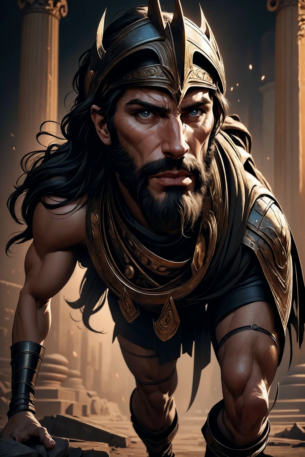 a 45 year old man, black hair, helmet ,prince of troy ,hector of troy, (best quality,4k,8k,highres,masterpiece:1.2),ultra-detailed,(realistic,photorealistic,photo-realistic:1.37),hyperrealistic,cinematic lighting,extremely detailed face and body,dramatic pose,epic scale,dramatic lighting,dark moody colors,chiaroscuro lighting,dramatic shadows, on the war, whole body, comic style, walking, in combat, show the feets