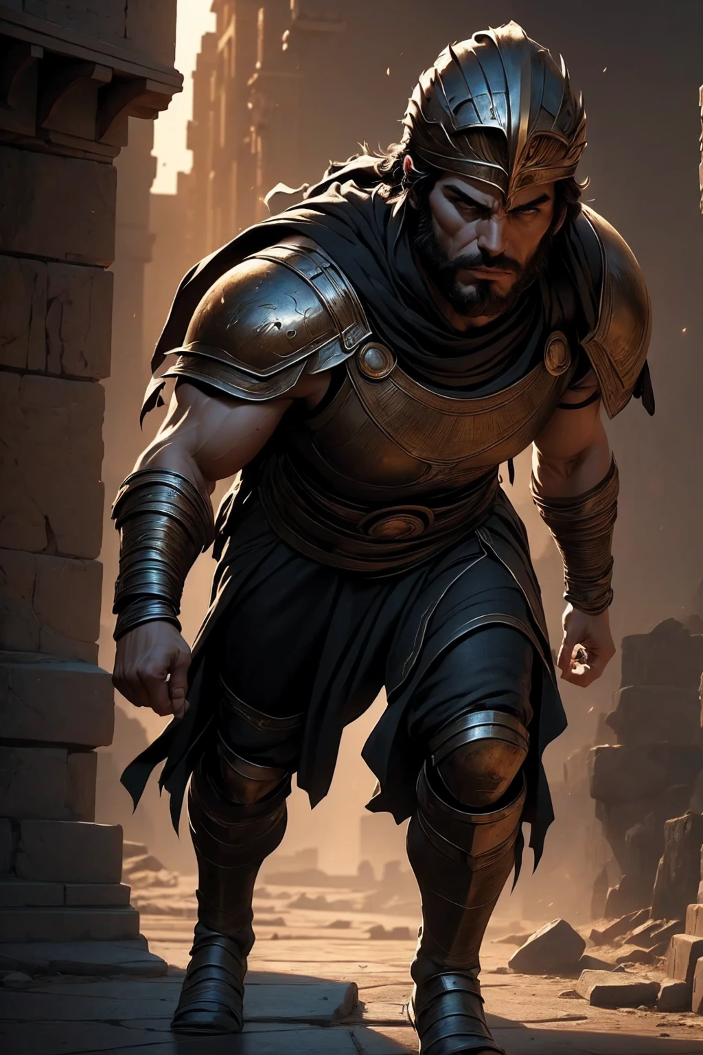 a 45 year old man, black hair, helmet ,prince of troy ,hector of troy, (best quality,4k,8k,highres,masterpiece:1.2),ultra-detailed,(realistic,photorealistic,photo-realistic:1.37),hyperrealistic,cinematic lighting,extremely detailed face and body,dramatic pose,epic scale,dramatic lighting,dark moody colors,chiaroscuro lighting,dramatic shadows, on the war, whole body, comic style, walking, in combat, show the feets