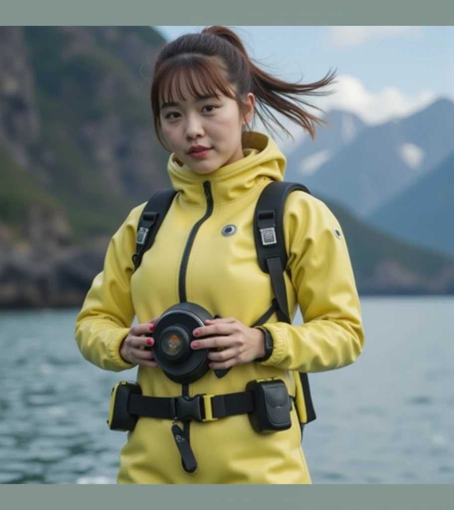 A documentary photo, Photo-realistic, ultra-realistic, (Japanese beautiful young woman, famous Japanese idol, boyish cool face:1.3), wetlook rubberish yellow clothes,, she is a military diver of Japan navy, experienced military diver, wearing a professional wetsuits for military diver with professional scuba equipment, She is on a shlre, She is preparing to scuba dive for a lifesaving mission, there is a large battle ship behind her,, Natural Makeup, boyish face ,Front View:1.21, Perfect Anatomy:1.21, Small head:1.21, Slender body:1.37, Narrow waist:1.5, Thin limbs:1.5, Flat Chest:1.5, Anatomically correct limbs, Diving Suits drysuits (high smooth turtleneck collar), Fully equipped for diving, Very cute Japanese woman, Brown Hair, Chignon Hair, woman holds oval scuba mask, Calm sea in qinter, Dynamic and emotional movie lighting, 