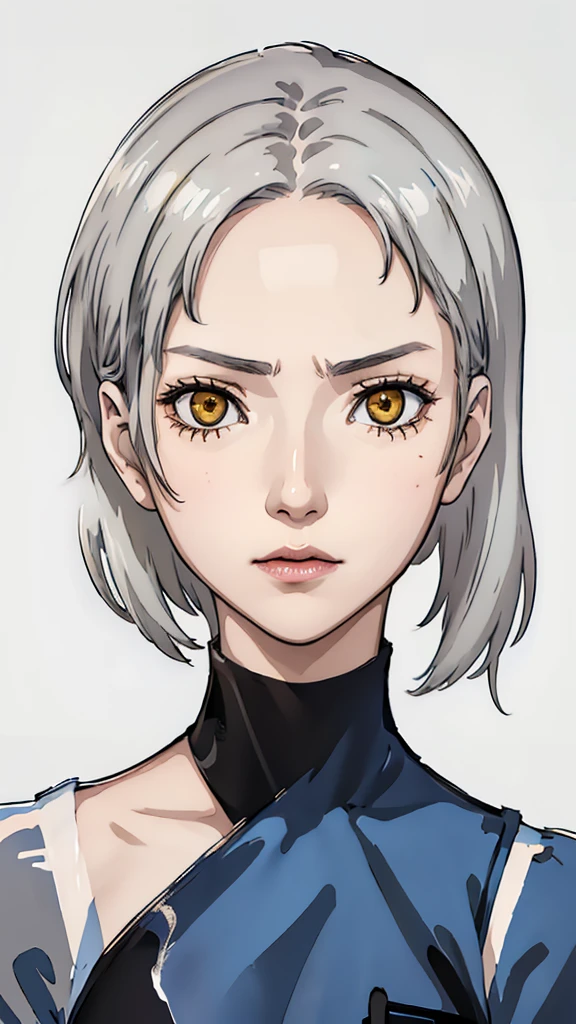 1 girl, very Short hair, forehead,silver hair, yellow eyes, lipstick, choker, face portrait, dark blue dress, front face, white background, front face, face portrait, front face portrait, front face helper, angry, Ada wong silver hair