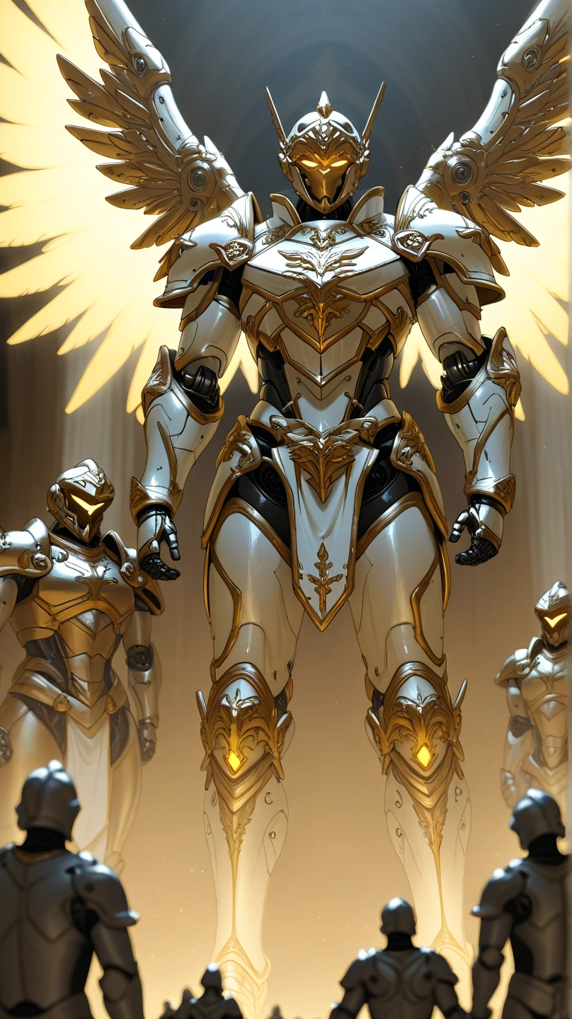 The full-body mechanized image of an adult male Holy Knight leader held by an angel 。His muscular robotic body ， wearing sacred white gold holy knight armor ， with golden glowing eyes and white gold mechanical wings 。 He boldly stands inside a mysterious white gold mechanical church ， surrounded by countless cavalry soldier followers 。 composition underlines his majestic presence ， The eye-catching lighting and dramatic holy light highlights him Armor and the divine atmosphere of the church。 symbolizes the golden yellow light in his eyes Sacred and luminous 。 This setting is a cyberpunk-inspired futurist mechanism ，Without a cloak 。 The bold composition captures the grandiose and divine energy of the scene 。
