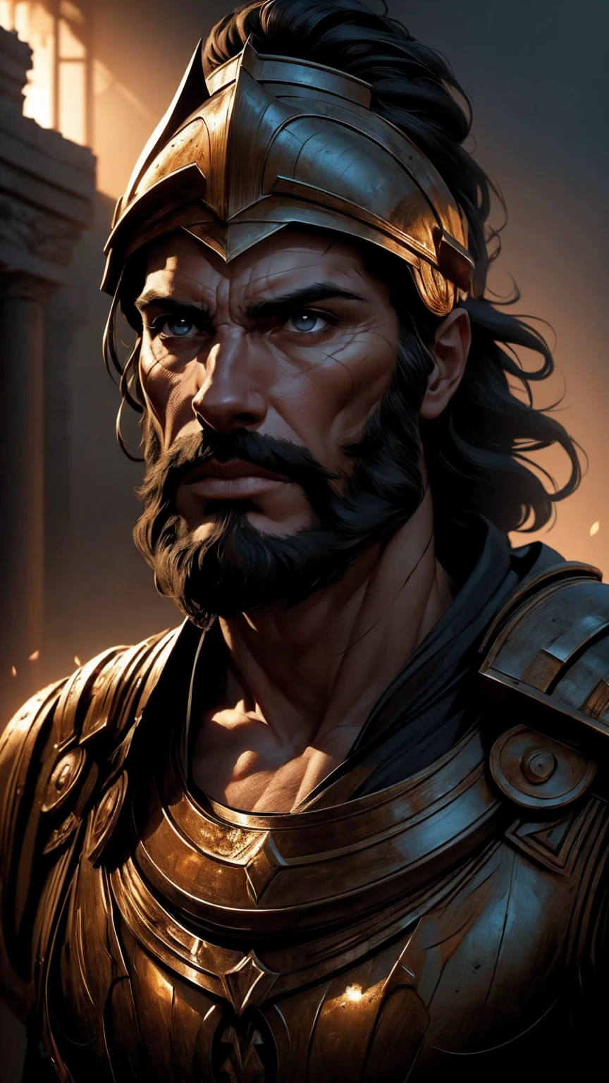 a 45 year old man, black hair, helmet ,prince of troy ,hector of troy, (best quality,4k,8k,highres,masterpiece:1.2),ultra-detailed,(realistic,photorealistic,photo-realistic:1.37),hyperrealistic,cinematic lighting,extremely detailed face and body,dramatic pose,epic scale,dramatic lighting,dark moody colors,chiaroscuro lighting,dramatic shadows, on the war, whole body, comic style, in combat